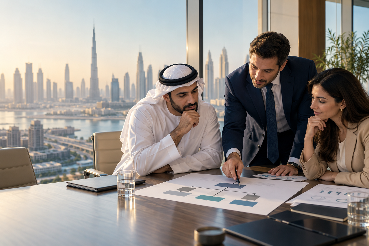 UAE business owners and advisers reviewing a company restructuring plan in Dubai