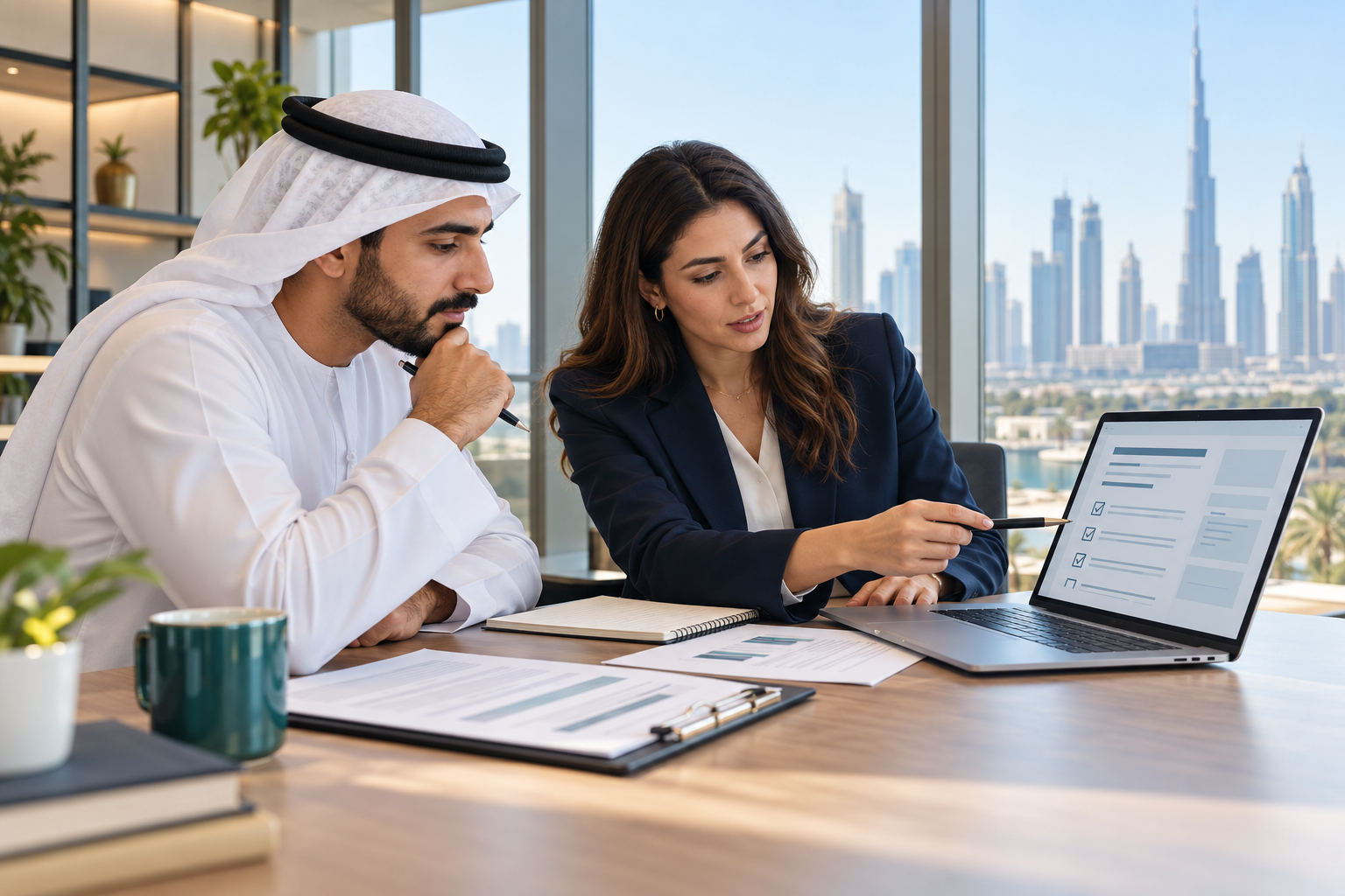 UAE business advisers reviewing a trade licence amendment with a client in Dubai