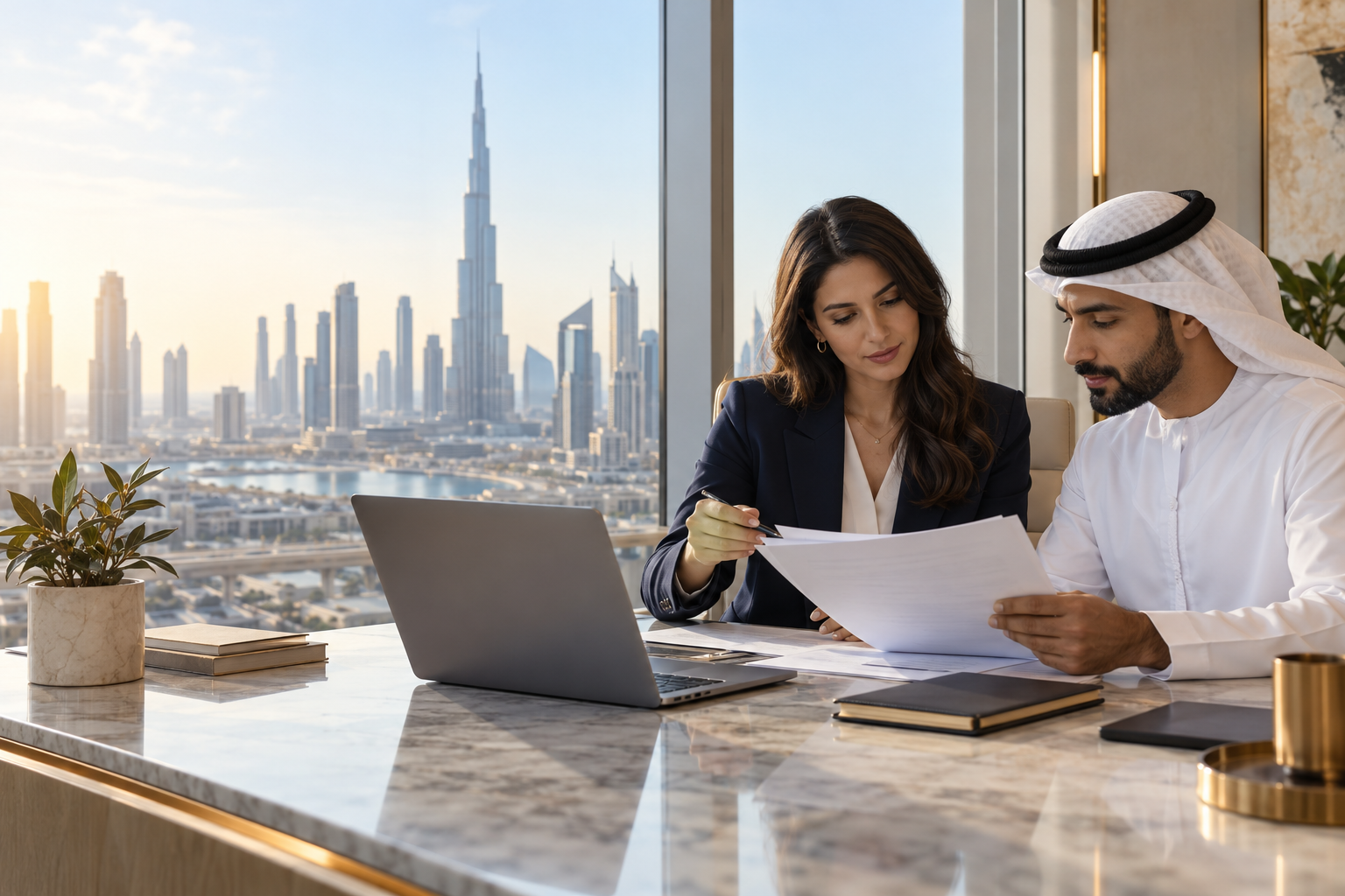 A company owner and adviser reviewing registration documents in a Dubai office