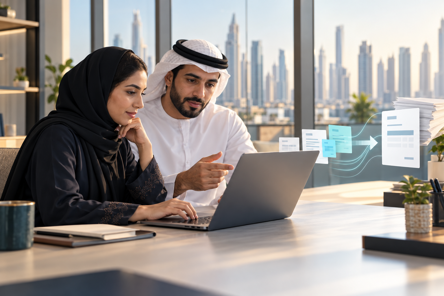 Finance and operations colleagues in a Dubai office reviewing a digital invoice workflow on a laptop